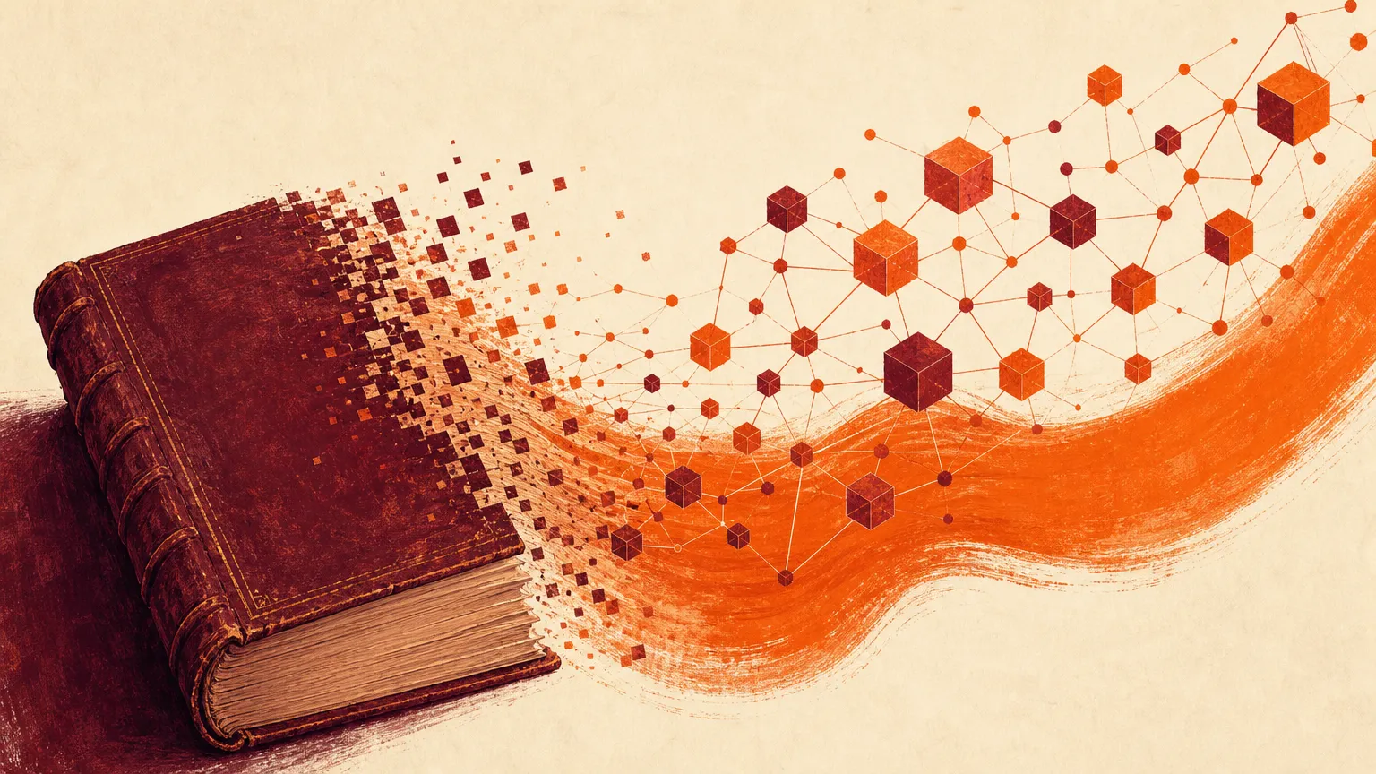 Editorial illustration: an antique shareholder ledger dissolving into blockchain nodes flowing to the right