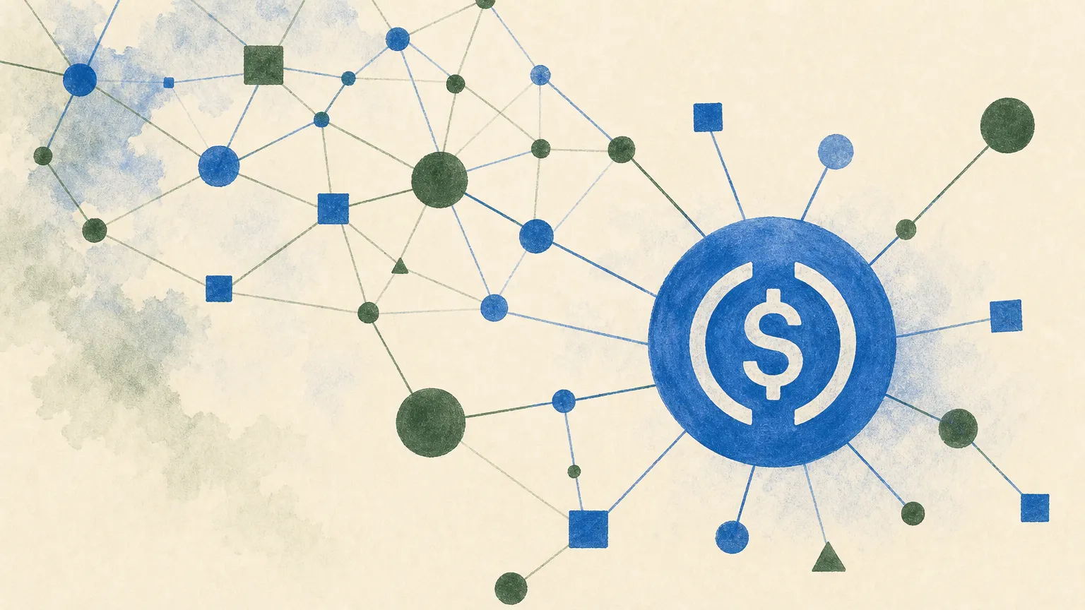 Editorial illustration: a network of interconnected nodes around a stylized stablecoin token