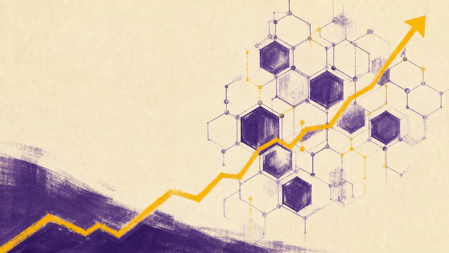 Editorial illustration: a yellow chart line rising through a lattice of purple AI-agent hexagons