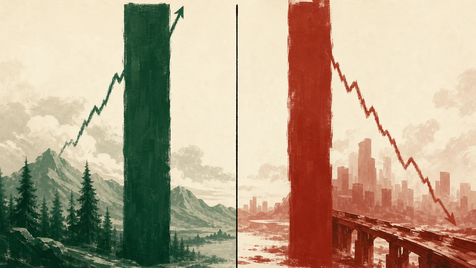 Editorial illustration: a green high-bar diptych against a red low-bar on cream paper