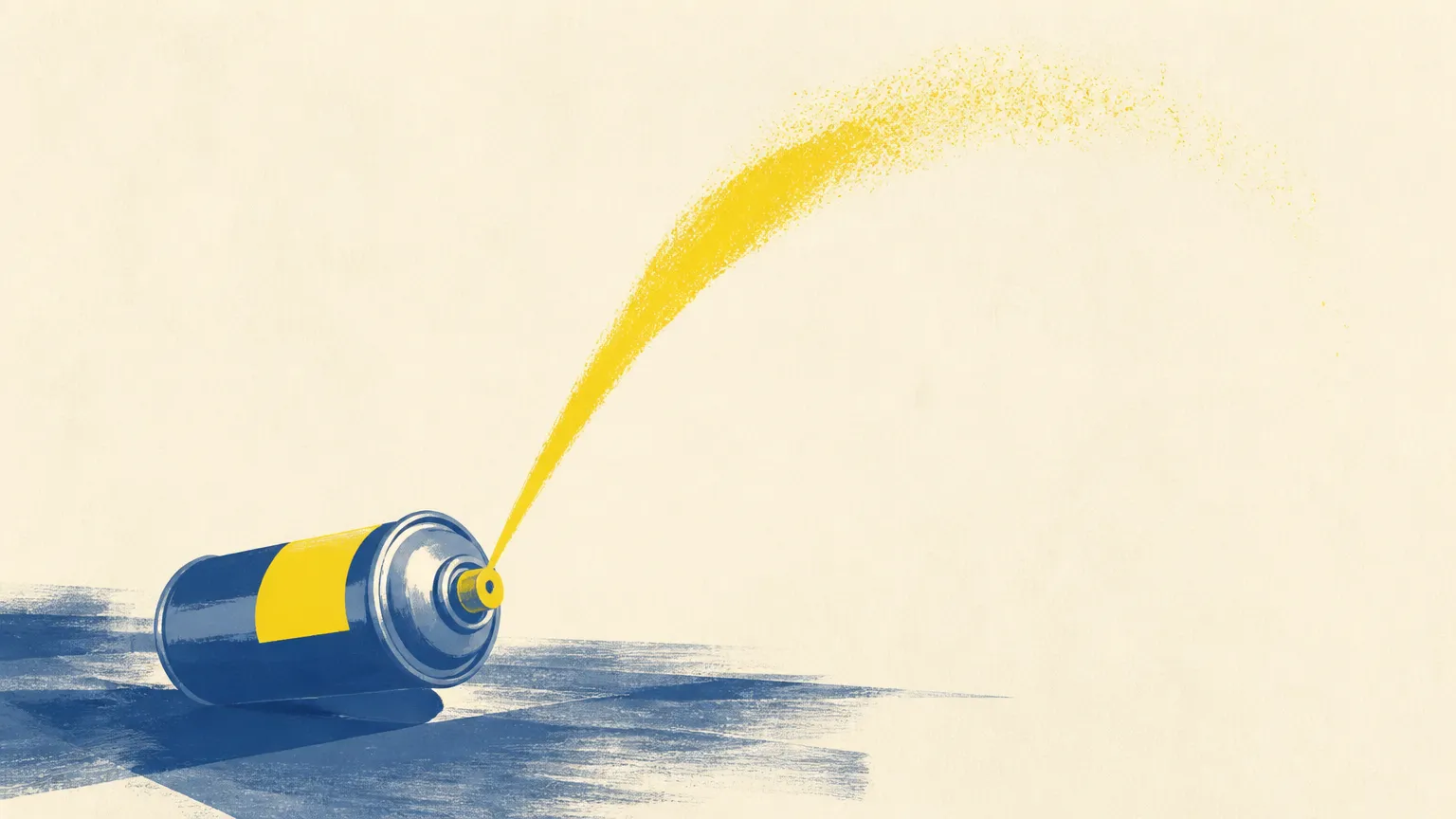 Editorial illustration: a blue and yellow spray can beside a downward-revised margin dial