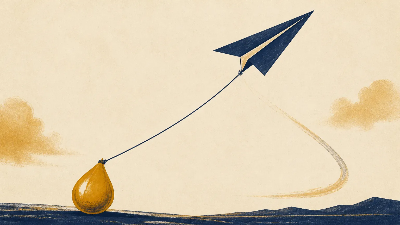 Editorial illustration: a jet climbing while a fuel gauge needle swings to full cost