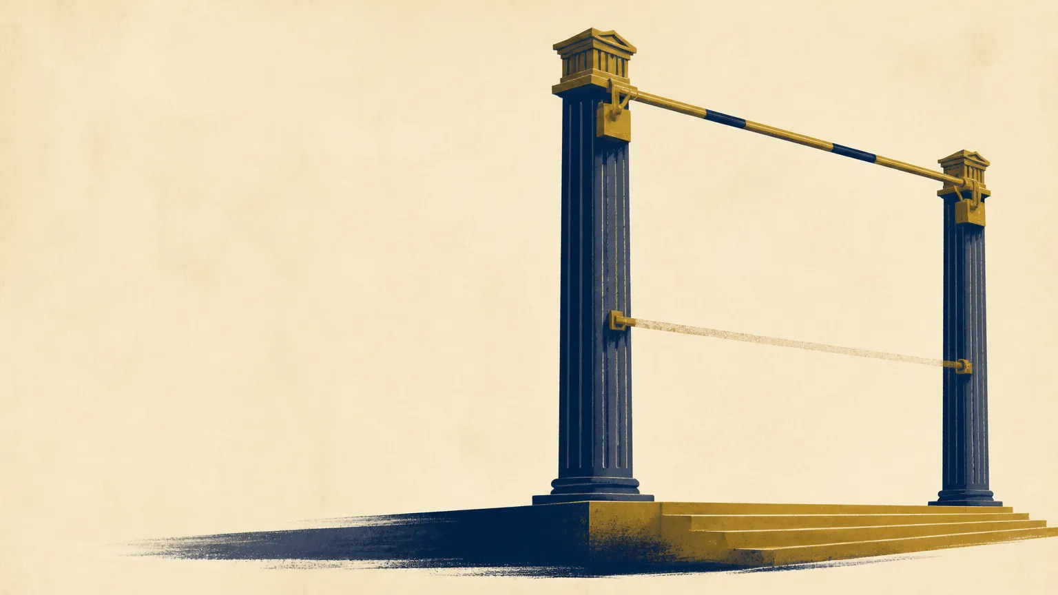 Editorial illustration: a raised high-jump bar over a stack of earnings reports, two oil barrels clearing it