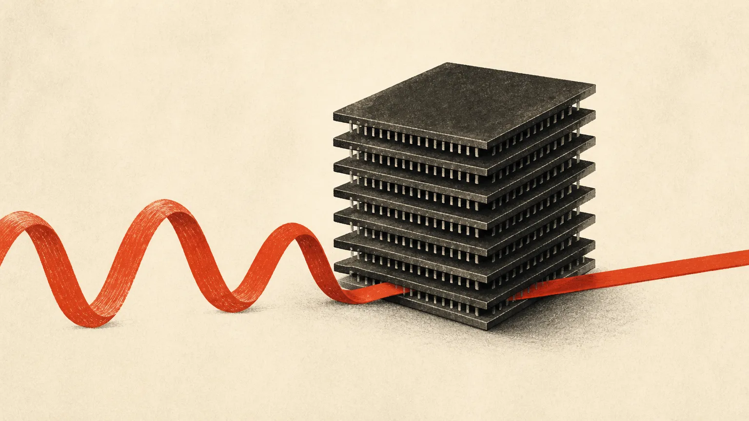 Editorial illustration: a memory chip on a Nasdaq podium, a sawtooth price chart flattening behind it